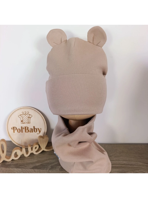Bawełniana czapka beanie i komin prążkowany - beż